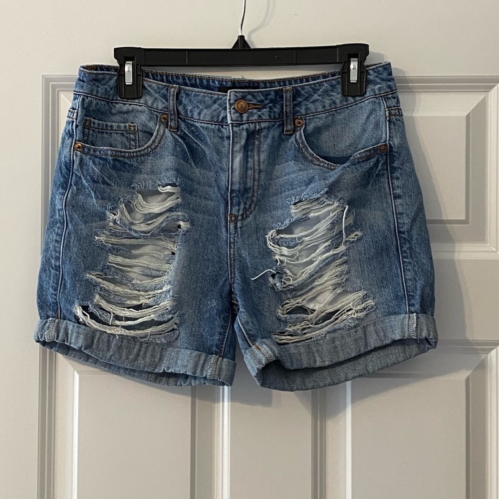 Distressed Denim midi shorts